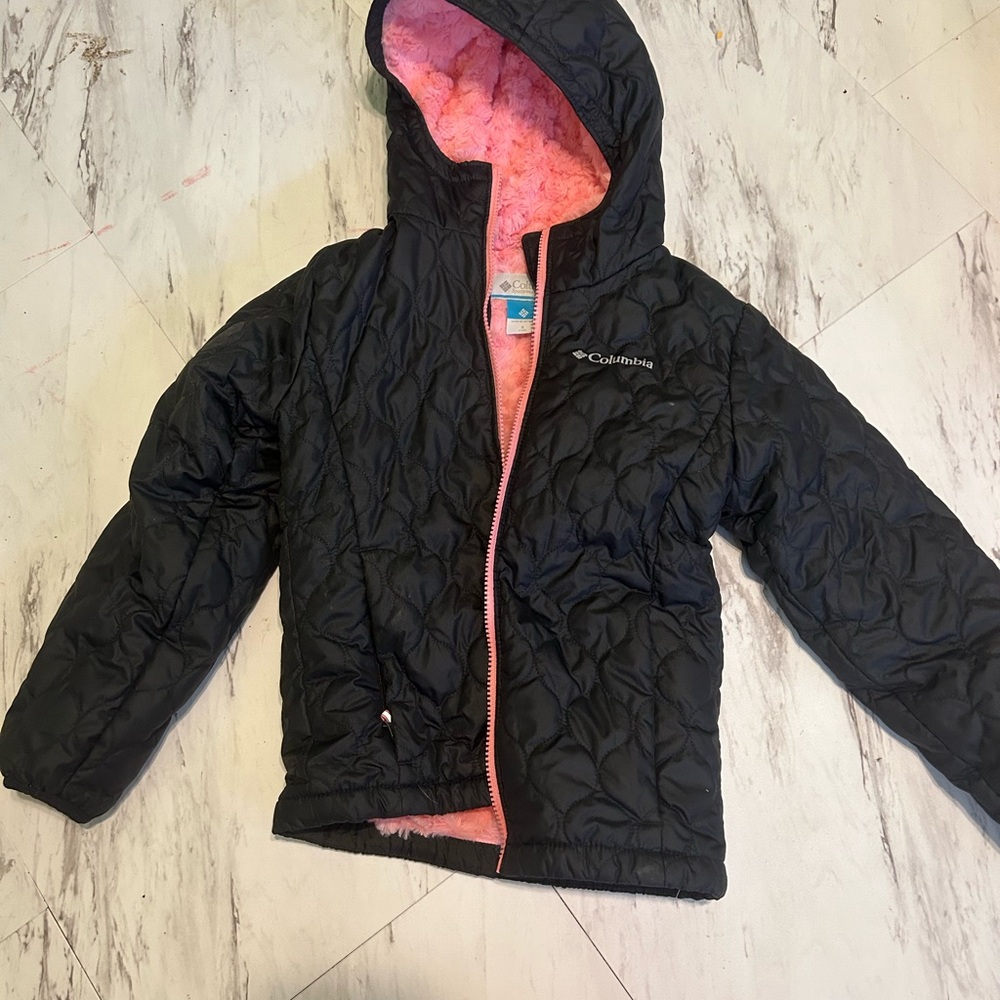 Black and Pink Puffer Jacket with Hood and Quilted Design